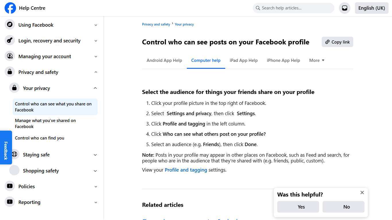 Control who can see posts on your Facebook profile Facebook Help Centre